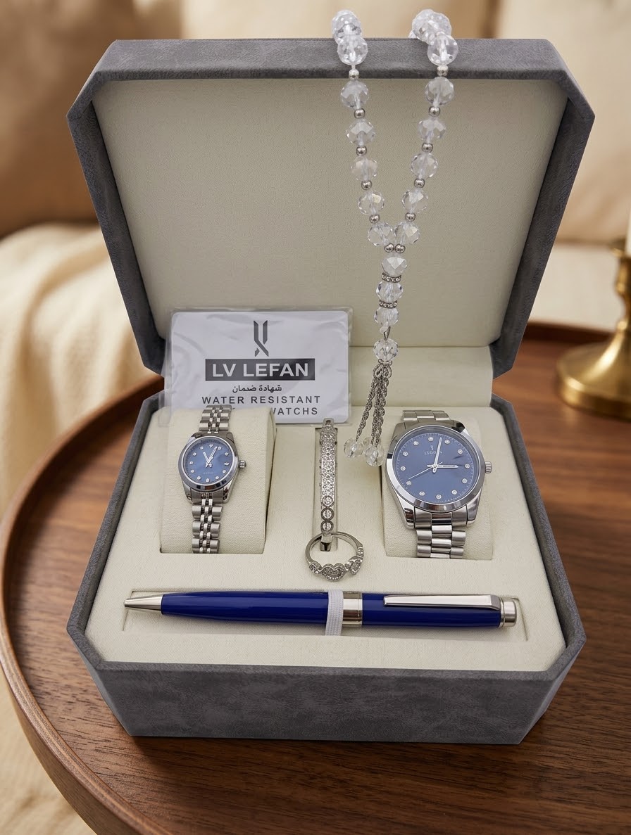 "Men's Stainless Steel Set: Watch, Rosary, Pen & Cufflinks"
