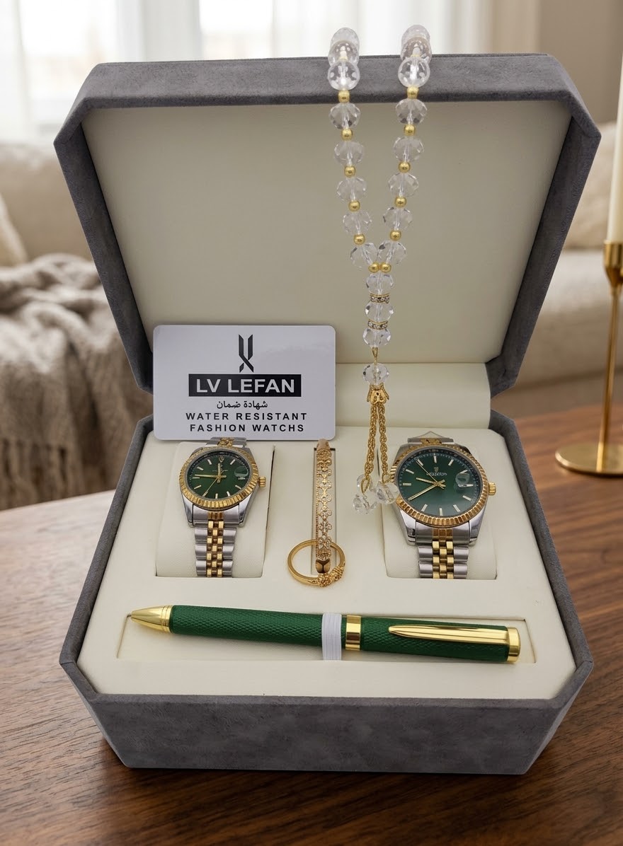 "Men's Stainless Steel Set: Watch, Rosary, Pen & Cufflinks"