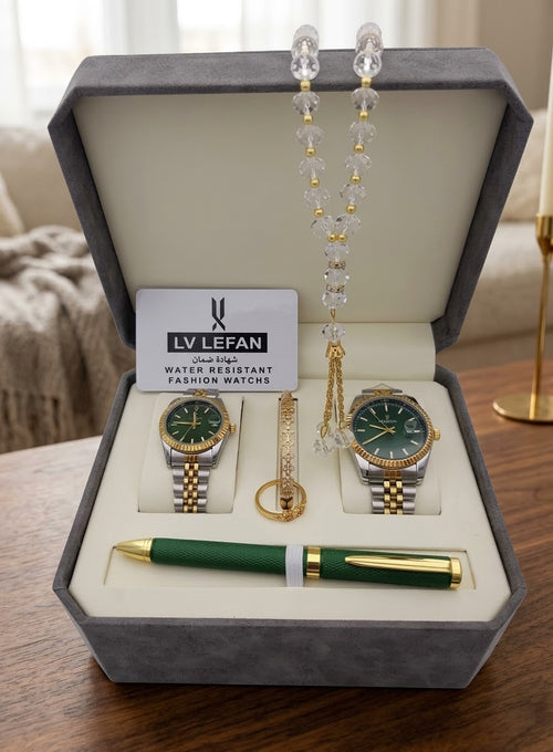 "Men's Stainless Steel Set: Watch, Rosary, Pen & Cufflinks"