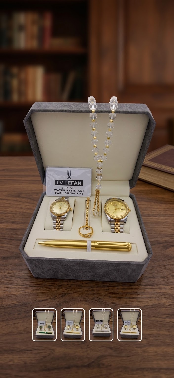 "Men's Stainless Steel Set: Watch, Rosary, Pen & Cufflinks"